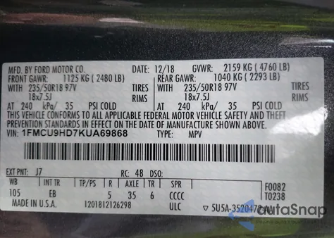 2019 Ford Escape Sel z USA, uszkodzony, nr VIN 1FMCU9HD7KUA69868